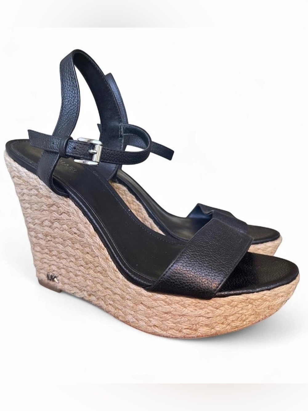 Michael Kors Black Leather Espadrille Platform Wedges Size 7.5